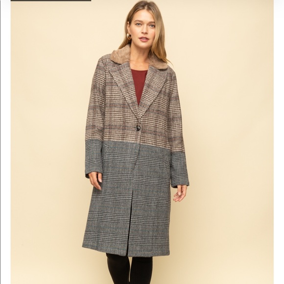 🆕 Mystree-Buckle Trench Coat Plaid Dark Academia Colorblock Faux Fur Collar - Picture 2 of 16